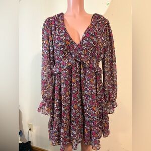 B. Darlin Women’s 11/12 dress Pink floral flowy V Neck back zipped long‎ sleeve